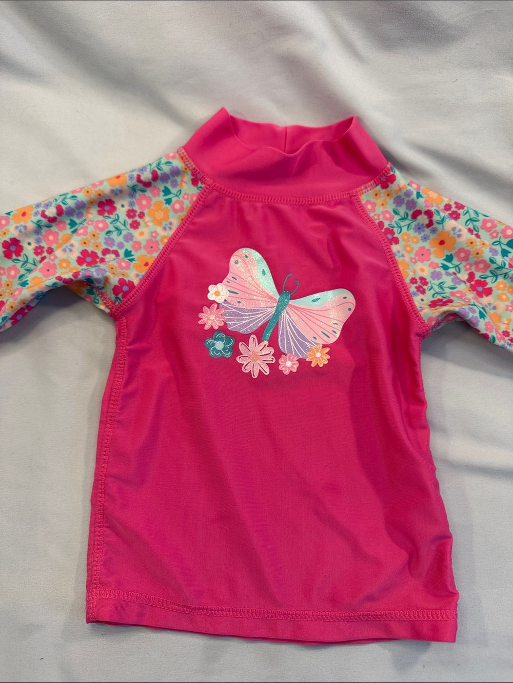 Girls' Hot Pink Butterfly Rashguard Swim Top with Floral Sleeves